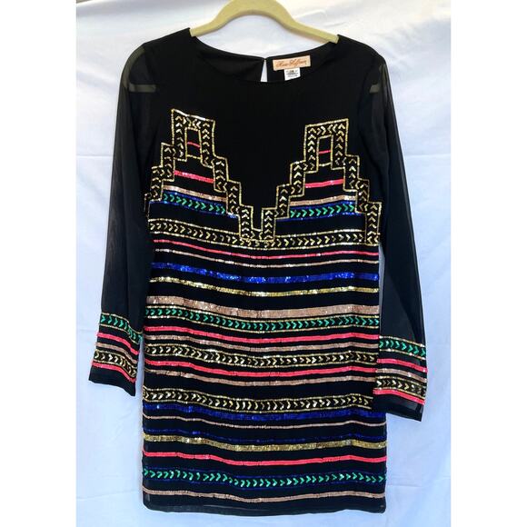 Mara Hoffman Black Mini Sequin Sheath Dress Long Sheer Sleeves- XS - Picture 3 of 8